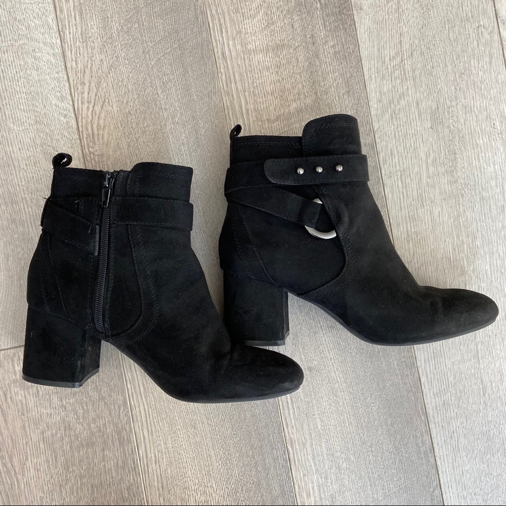 Black Faux Suede Chunky Heeled Buckle Booties